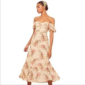 Reformation Butterfly Floral Print Off The Shoulder Midi Dress Size 2